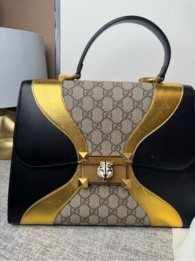 Gucci Black, Gold & Beige GG Supreme Top Handle Satchel